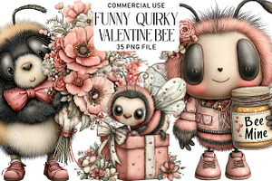 Quirky Funny Valentine Bee Clipart, an Illustration by Daily.Designs