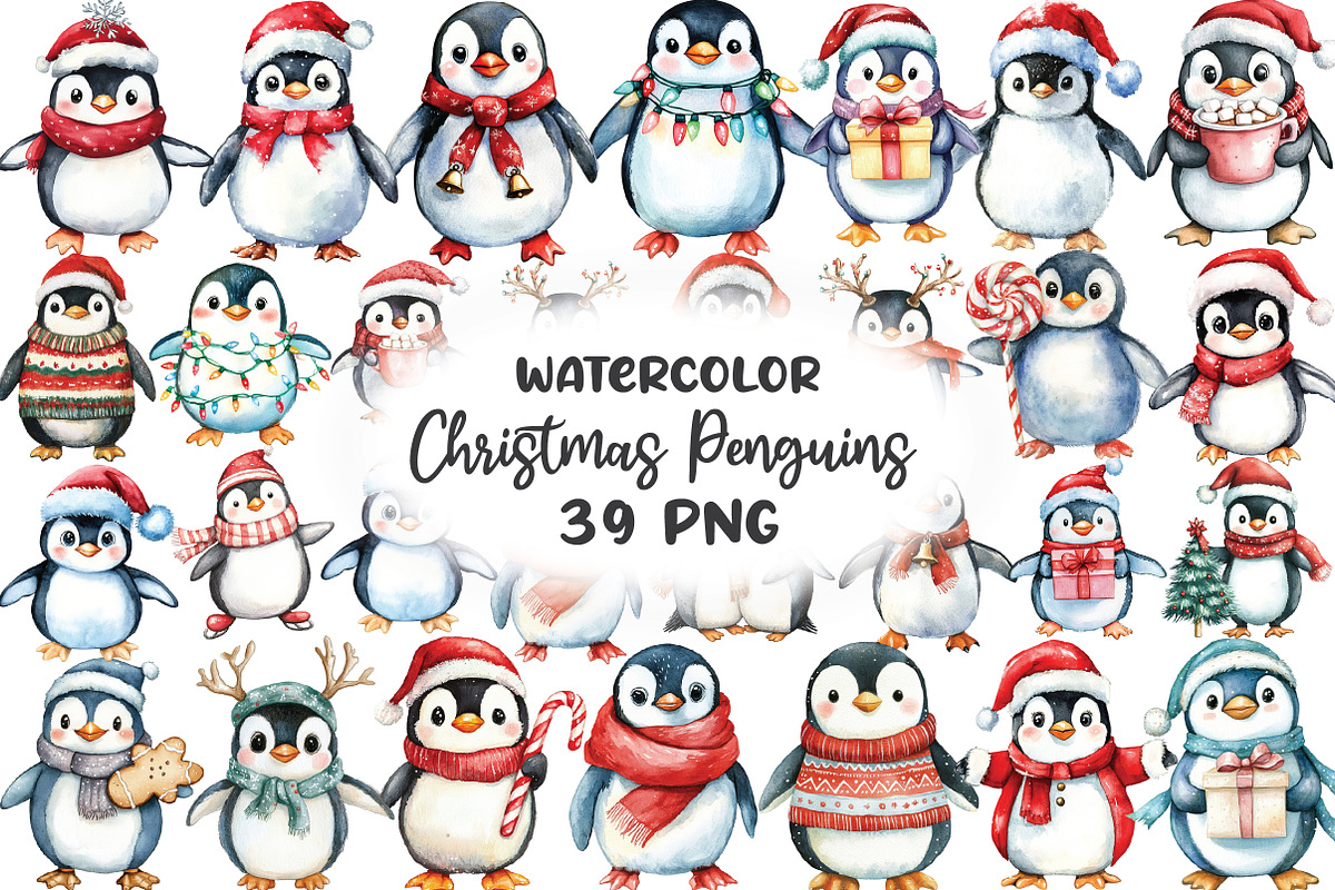 Cute Christmas Penguins Clipart, an Illustration by CraftArtStudio (Photo 1 of 6)