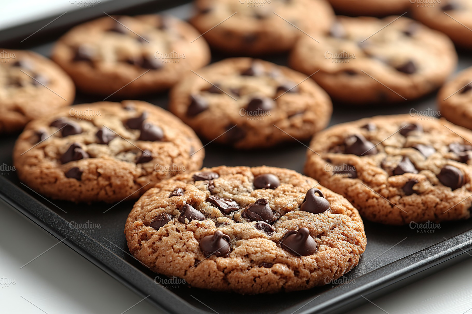 Brown chocolate chip cookies baking on a tray in a warm kitchen setting, a Food & Drink Photo by AlyaAnd