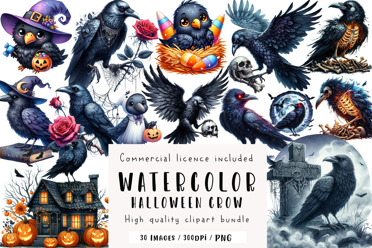 Watercolor Halloween Crow Clipart, an Illustration by CreationArt (Photo 1 of 5)