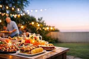 Outdoor courtyard barbecue party wit, a Photo by Dvoevnore photos