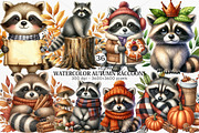 Watercolor Autumn Raccoons Clipart, an Illustration by Canvas Craft (Thumbnail 1 of 7)