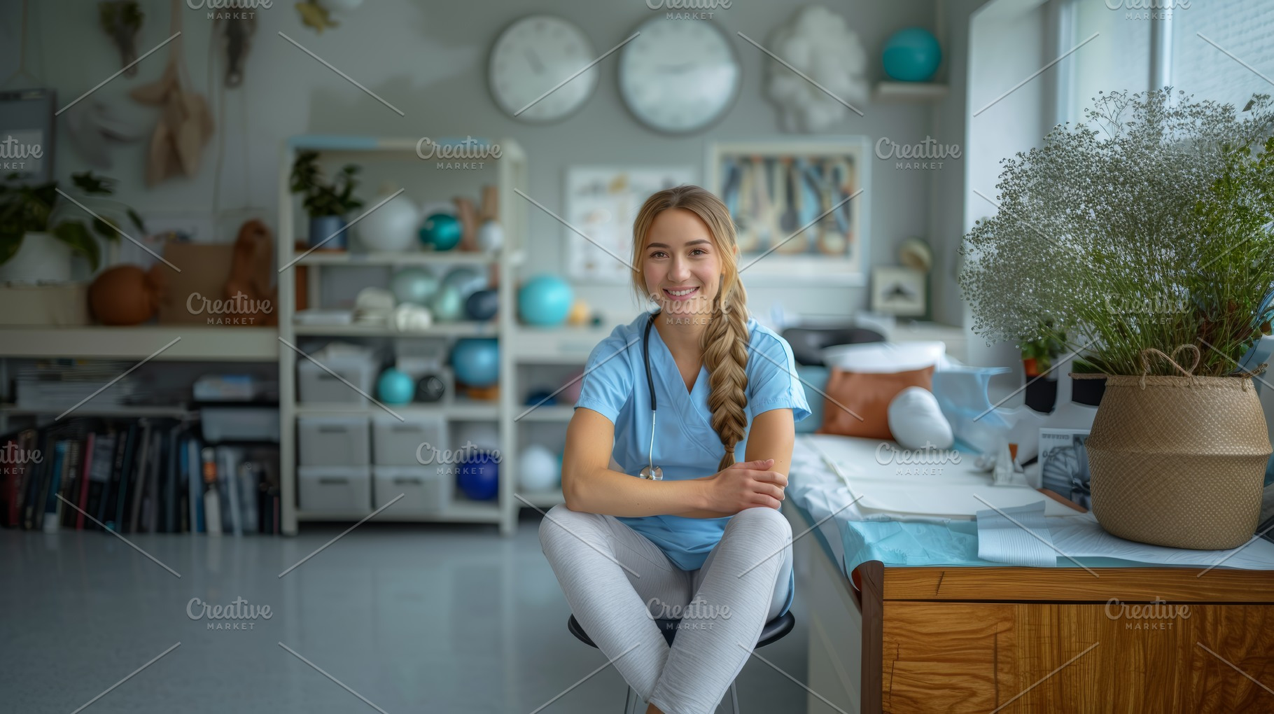 Friendly Physiotherapist Sitting in a Modern Clinic with a Welco, a Photo by AS photostudio