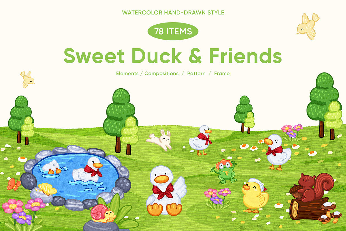 Sweet Duck & Friends – Watercolor, an Animal Illustration by CreativeValuation (Photo 1 of 11)