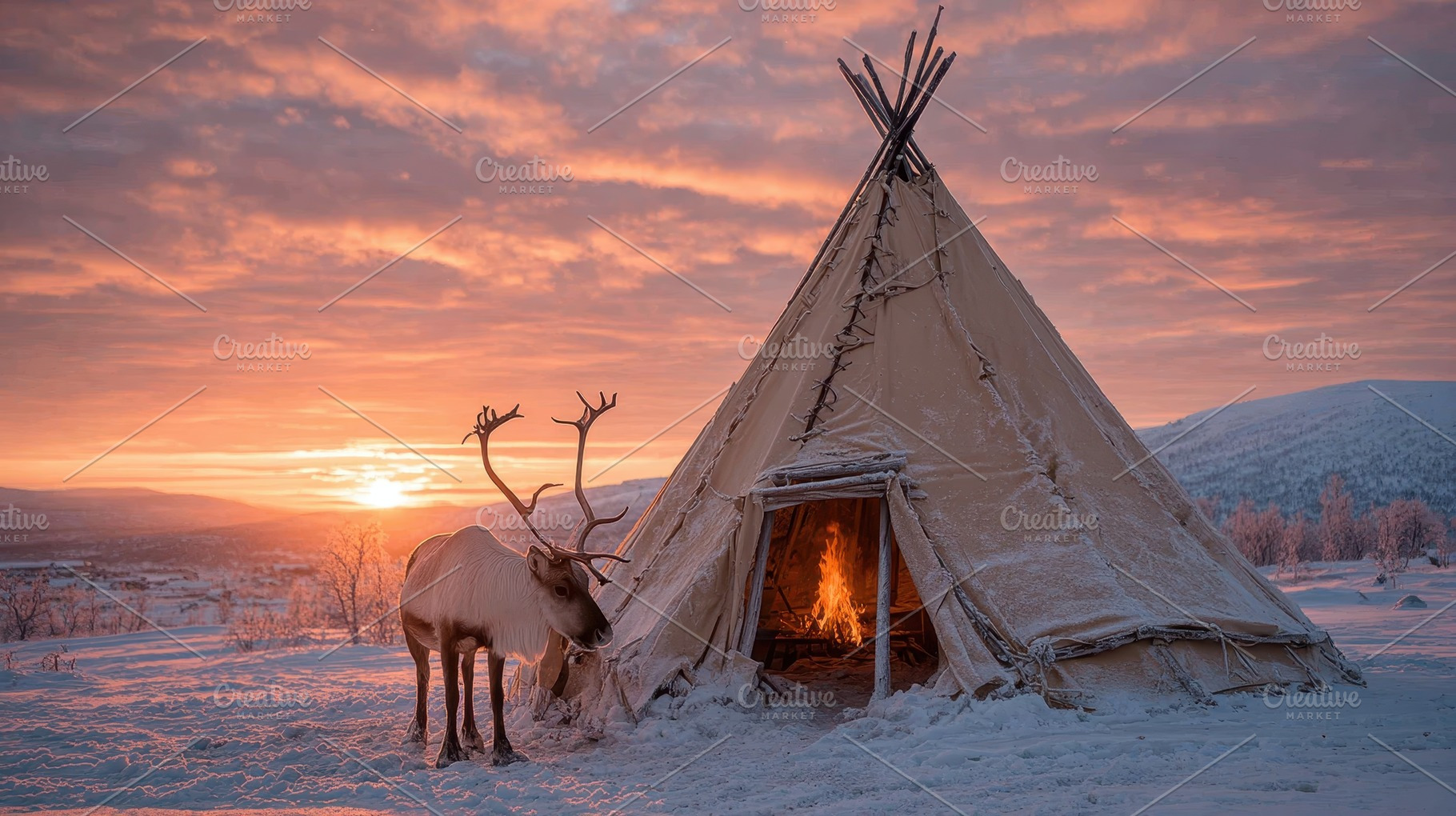 Reindeer at a snowy teepee sunset la, a Photo by Pixeness Studio