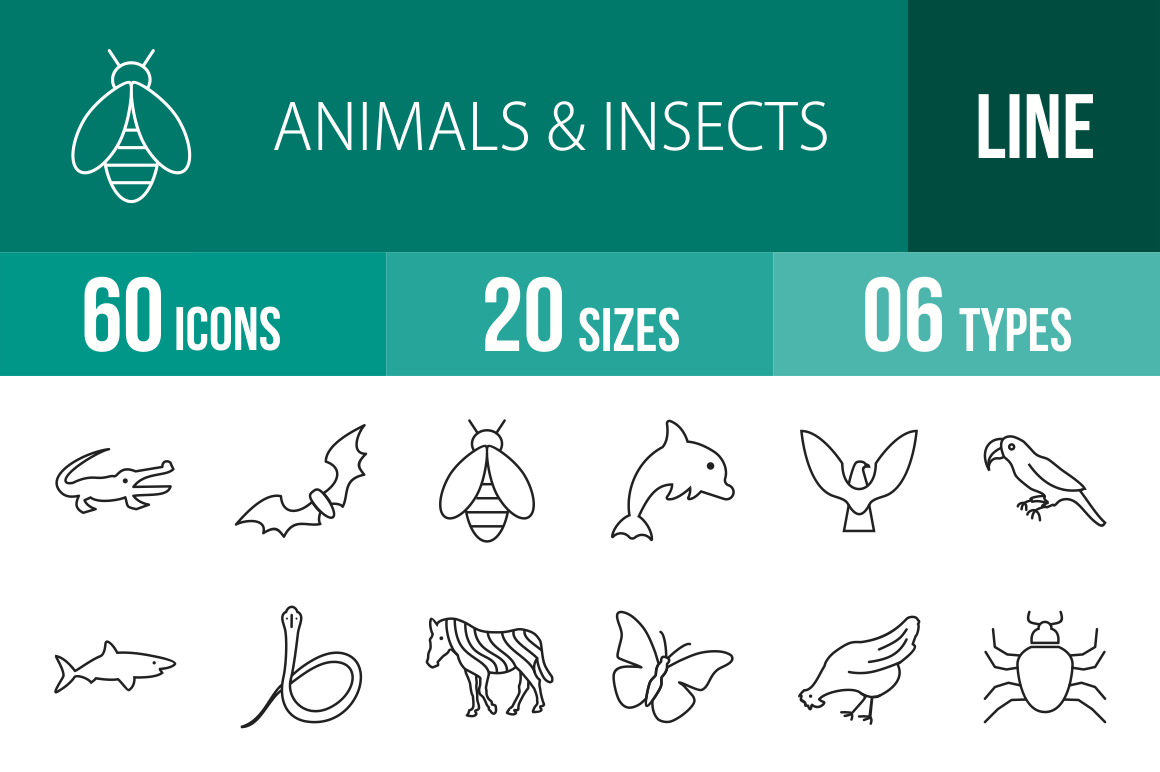 60 Animals  Insects Line Icons by Iconbunny  Creative Market