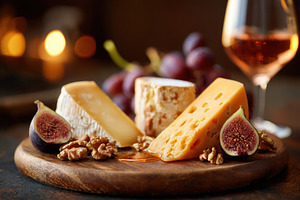 Cheese platter with red wine and fresh fruit, a Food & Drink Photo by AlyaAnd