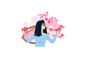 Young woman enjoying cherry blossom, an Illustration by pikepicture