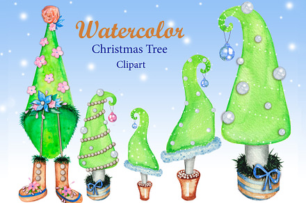 Christmas trees watercolor clipart