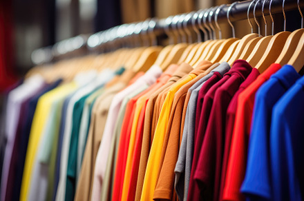Colorful shirts on hangers in fashio, a Photo by Iftikhar Alam