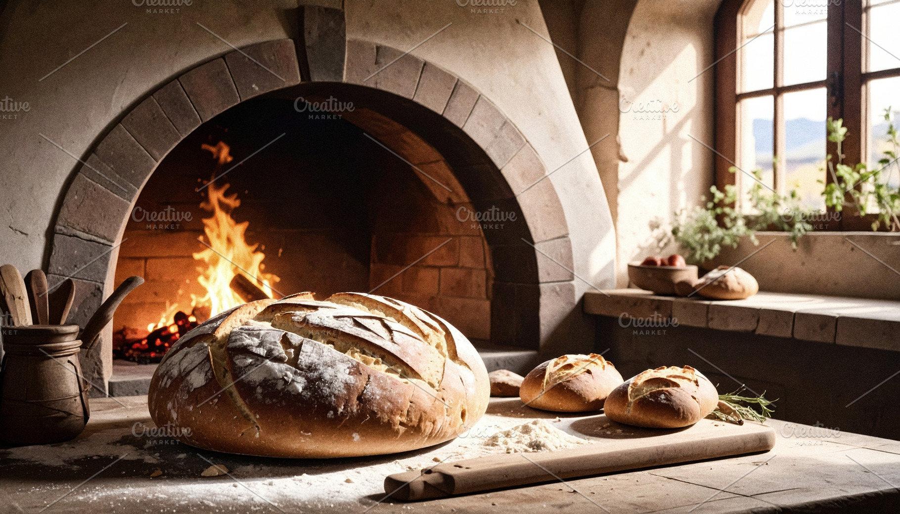 Rustic Bread by Fireplace in Country Kitchen, a Food & Drink Photo by Davizro's Market