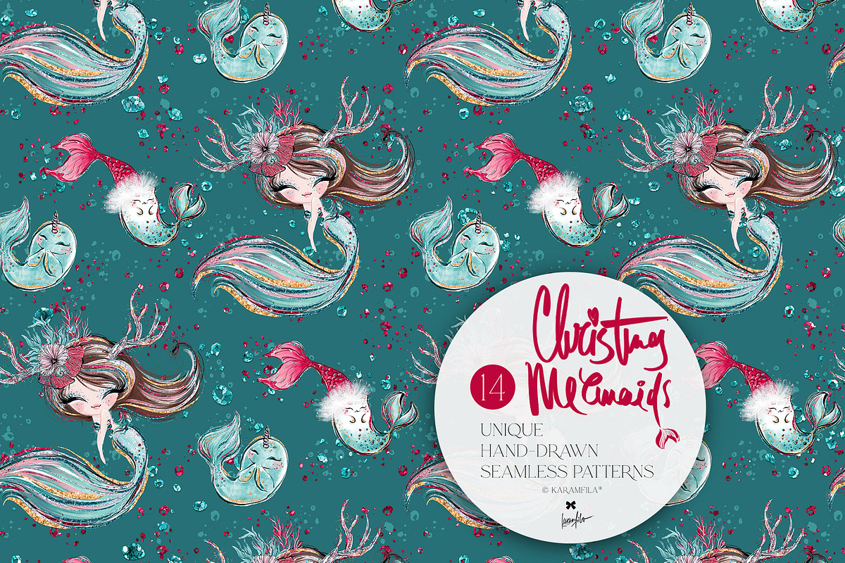 Christmas Mermaids Seamless Patterns, a Pattern Graphic by KaramfilaS (Photo 11 of 19)