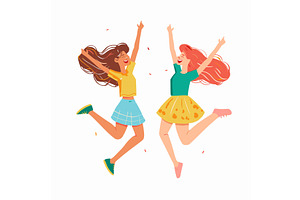 Two Happy Animated Girls Jumping