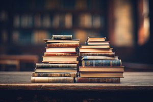 Old books on a wooden table in the l, a Photo by Iftikhar Alam