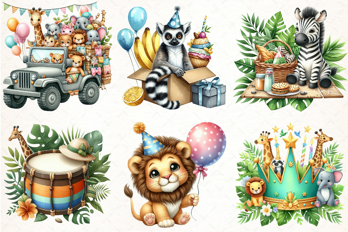 Cute Safari Party Animal Watercolor, an Illustration by Pixels.Craft (Photo 2 of 7)