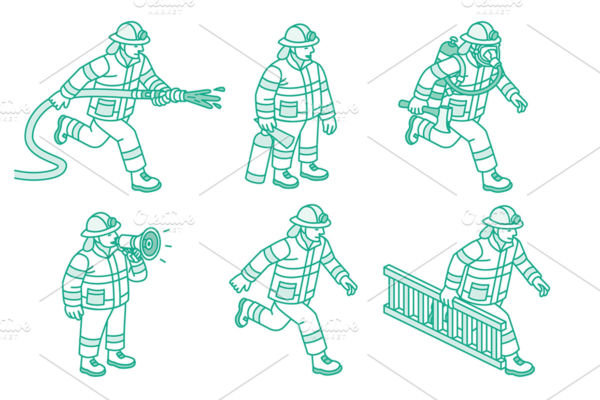 Isometric set of firefighters., an Illustration by Booblgum (Photo 2 of 3)