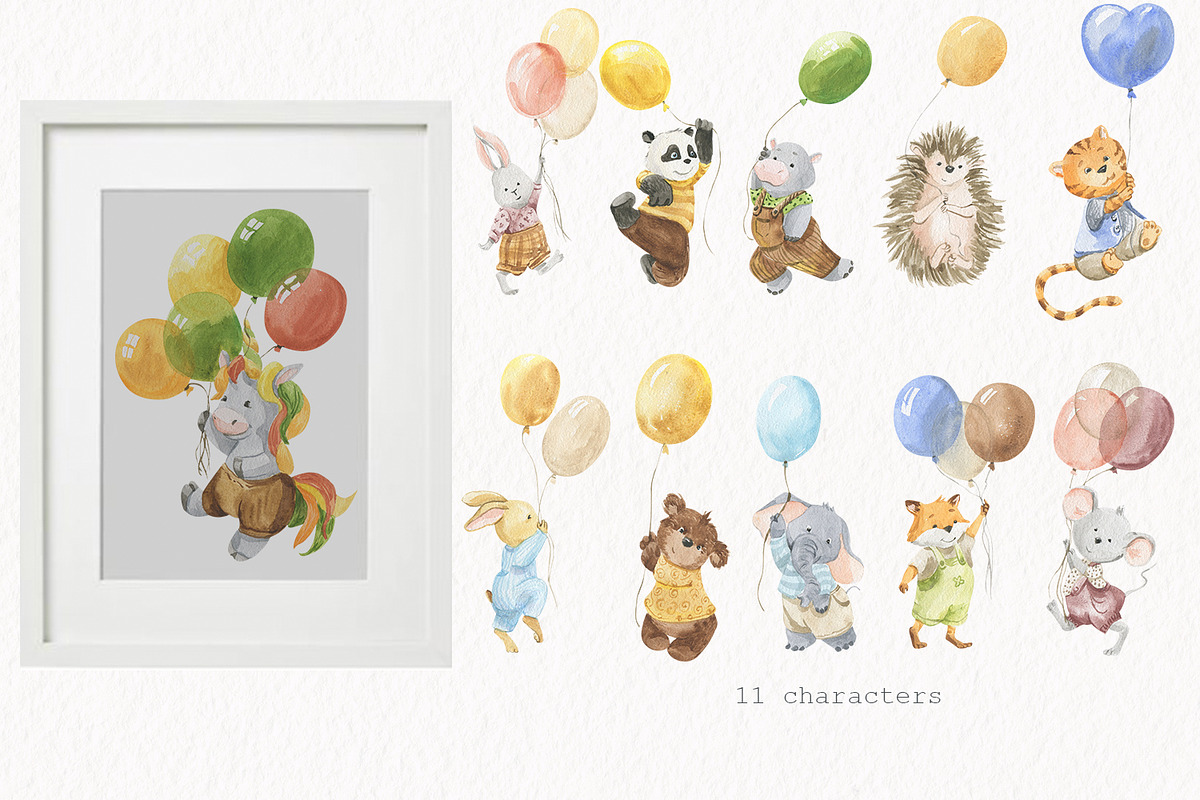 Cute animals with balloons, an Illustration by Love Watercolor Store (Photo 3 of 9)