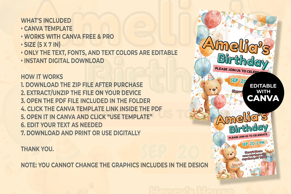Cute Teddy Bear Birthday Invitation, an Invitation Template by M9 Design (Photo 4 of 4)