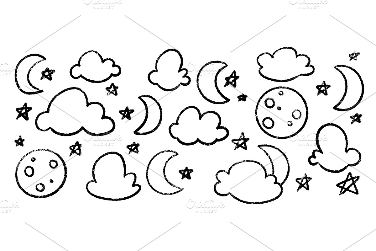 Crayon drawings of moon with cloud, an Illustration by YuliiaOsadcha