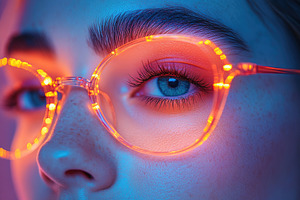 Close-up of a person wearing glowing glasses with vibrant colors, a Beauty & Fashion Photo by AlyaAnd