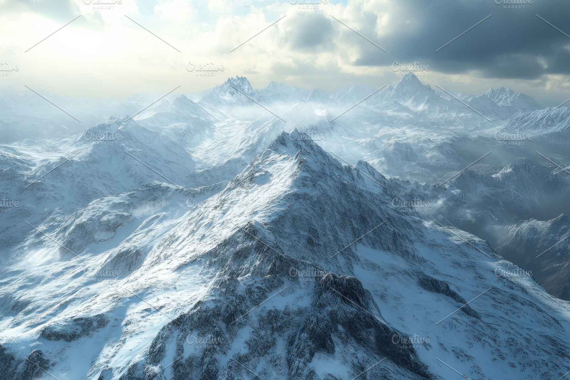 Majestic snow capped mountains winte, a Photo by Pixeness Studio