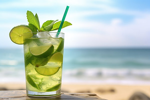 Alcoholic mojito with ice and mint on beach sand, a Food & Drink Photo by AlyaAnd