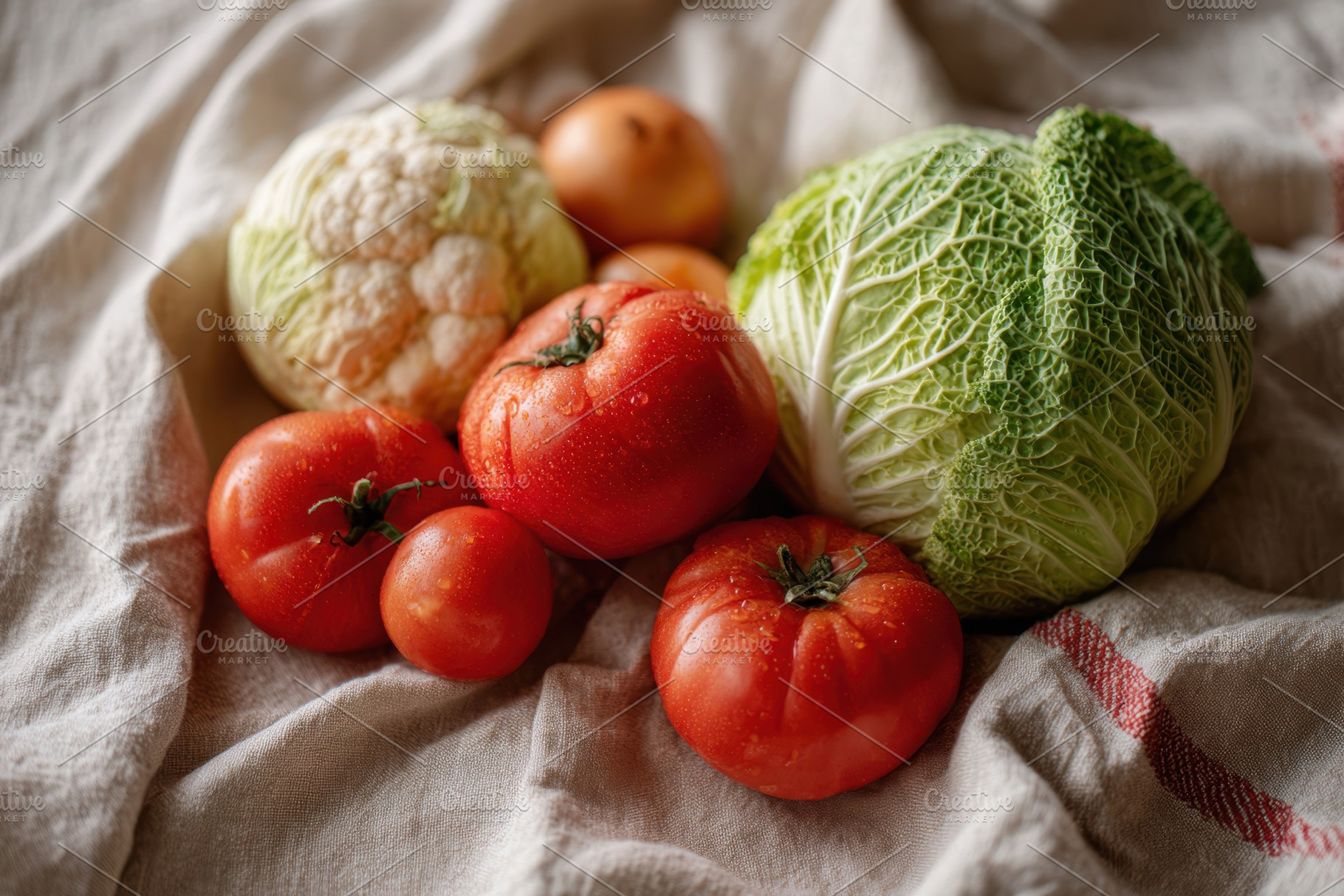 Fresh vegetables on rustic cloth, a Food & Drink Photo by AlyaAnd