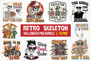 Retro Skeleton Halloween PNG Bundle, an Illustration by RobertsArt