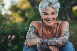 Cheerful senior woman with tattoos in a garden setting, an Abstract Photo by Natalia Klenova's Shop