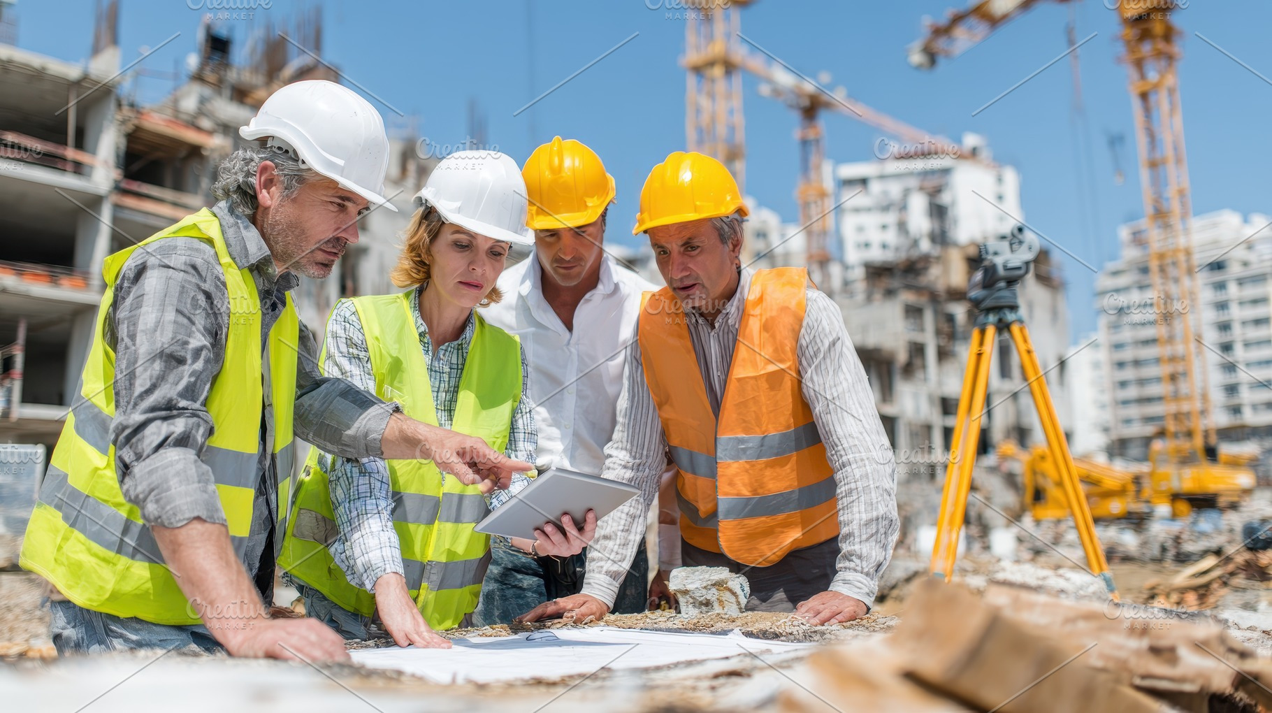 Construction team reviewing plans on, a Photo by Pixeness Studio