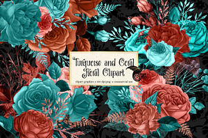 Turquoise And Coral Floral Clipart