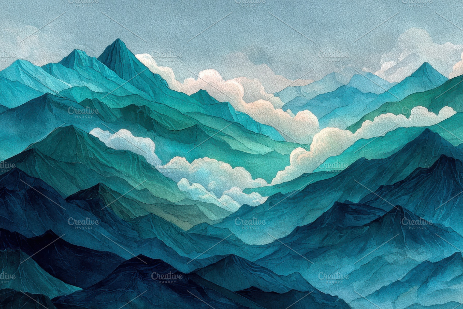 Majestic Teal Mountainscape Cloudsca, a Photo by Pixeness Studio
