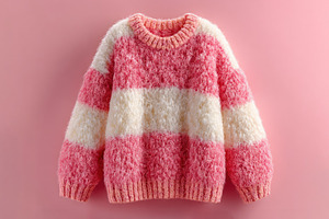 Fluffy striped sweater in pink and cream with curly textured yar, a Photo by José Manuel Gelpi