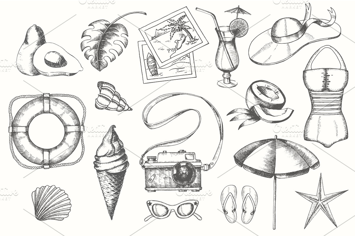 Vector Hand drawn Summer Set., an Illustration by Tabiti (Photo 2 of 9)