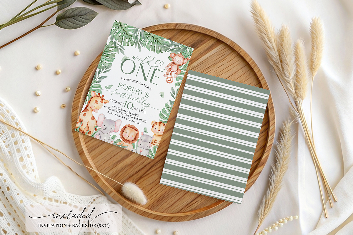 Safari Animal 1st Birthday Invite, a Templates & Theme by VeliusCreativeStudio (Photo 2 of 3)