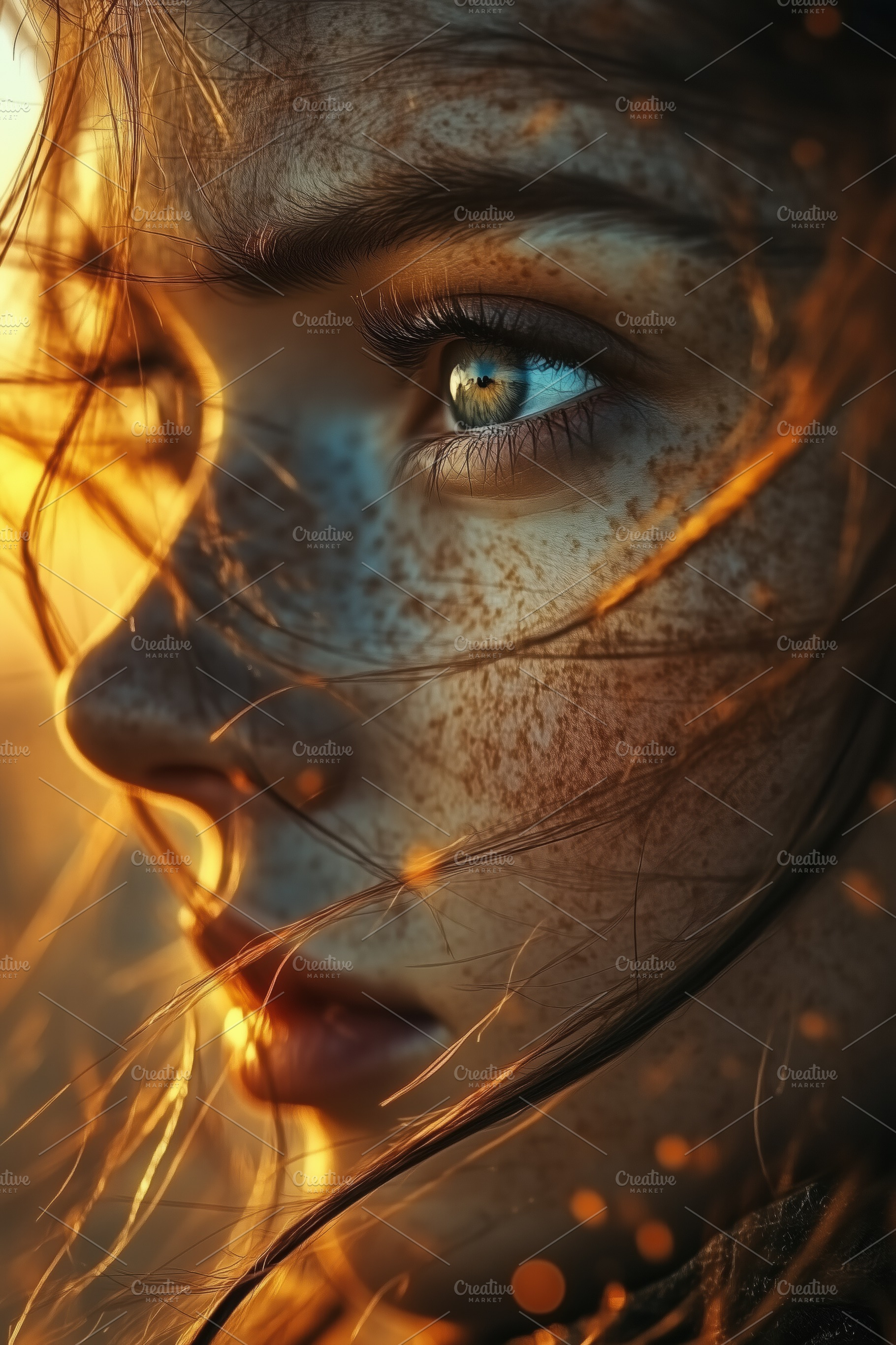 A close-up portrait of a young woman with striking features, freckles, and flow, a Technology Photo by Textures & Backgrounds