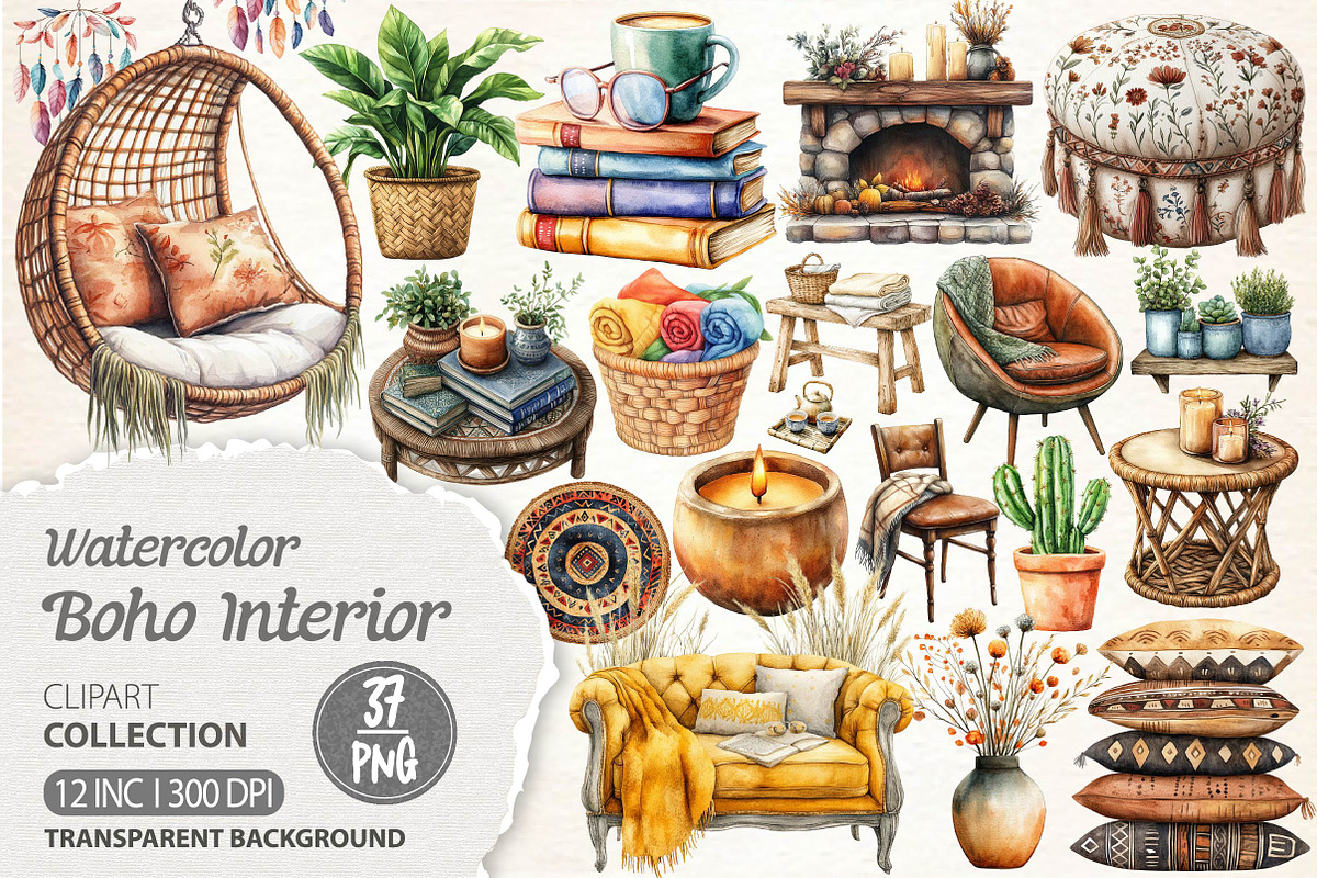 Watercolor Boho Interior Clipart, an Illustration by Dream Creation (Photo 1 of 7)