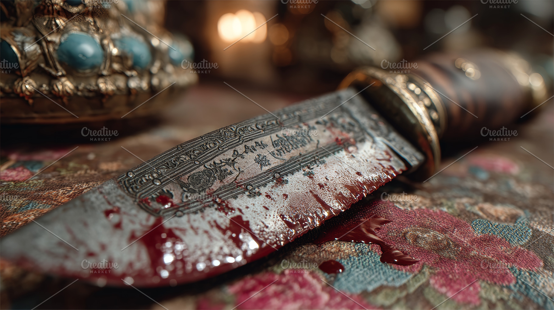 Ornate bloodied knife close up on fabric suggesting murder weapon and crime sce, a Photo by AS photostudio