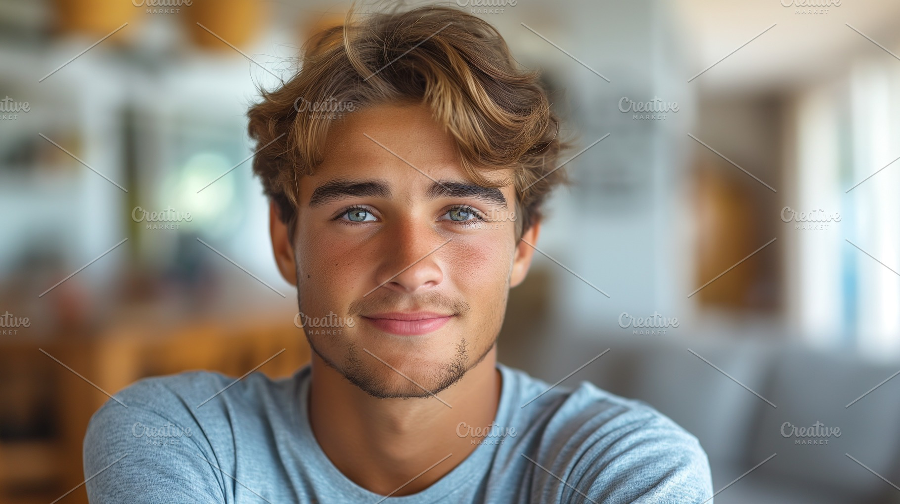 A handsome young Caucasian male with tousled hair and striking blue eyes sittin, a Person Photo by ImageMir