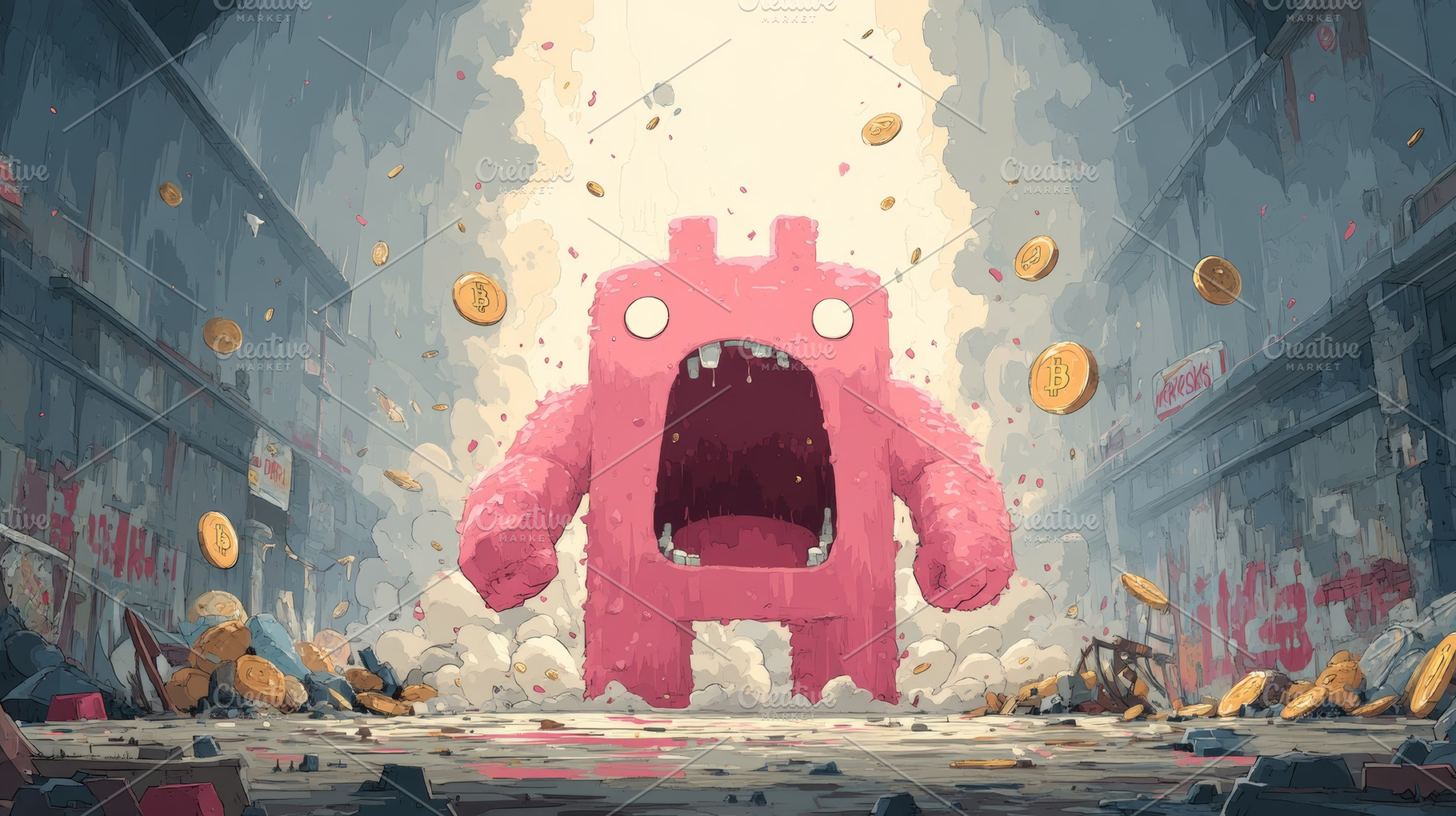Pink cartoon monster rampaging through a ruined city scattering Bitcoin coins a, a Photo by AS photostudio