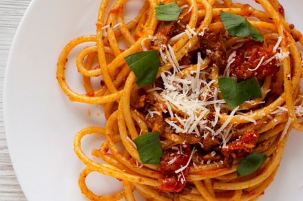 Homemade Bucatini all Amatriciana Pasta in a plate on a white wo, a Food & Drink Photo by LiudmylaChuhunova