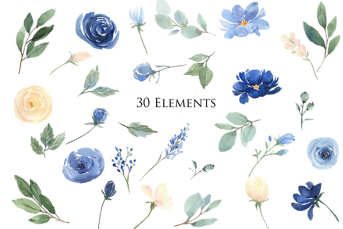 Blue Florals Large Bundle Watercolor, an Illustration by Graphic Blue Bird (Photo 4 of 6)