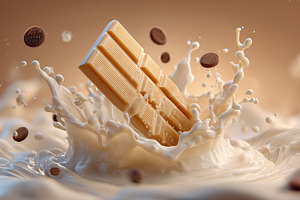 White chocolate bar splashing in cre, a Photo by Pixeness Studio