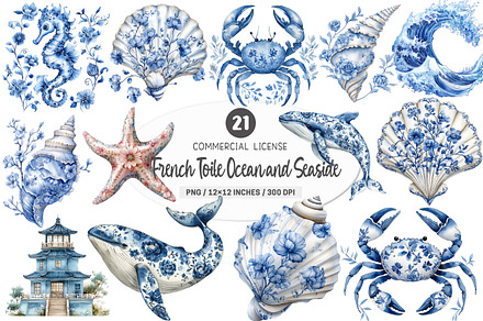 French Toile Ocean & Seaside Clipart, an Illustration by designhome