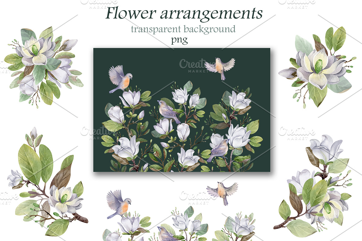 Watercolor Magnolia Flower Set, a Decorative Illustration by LenArt (Photo 6 of 18)