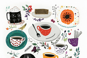 A happy girl and her cat tea party, a Food Illustration by Sybillla