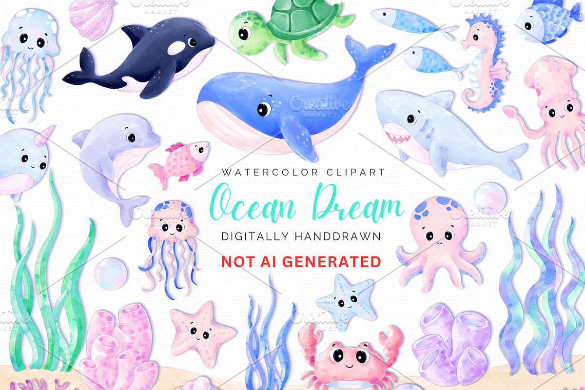 Watercolor Under Sea Animals Clipart, an Animal Illustration by MiracleArtAndDesign (Photo 1 of 8)