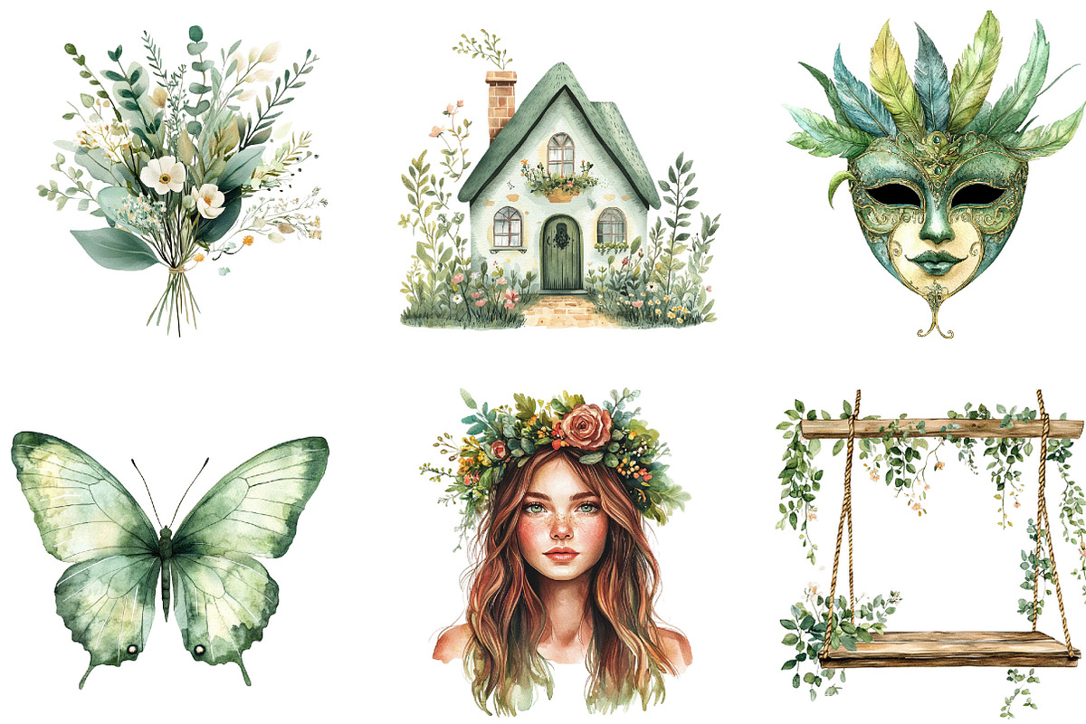 Watercolor Sage Green Boho Life Clip, an Illustration by Designking (Photo 4 of 5)
