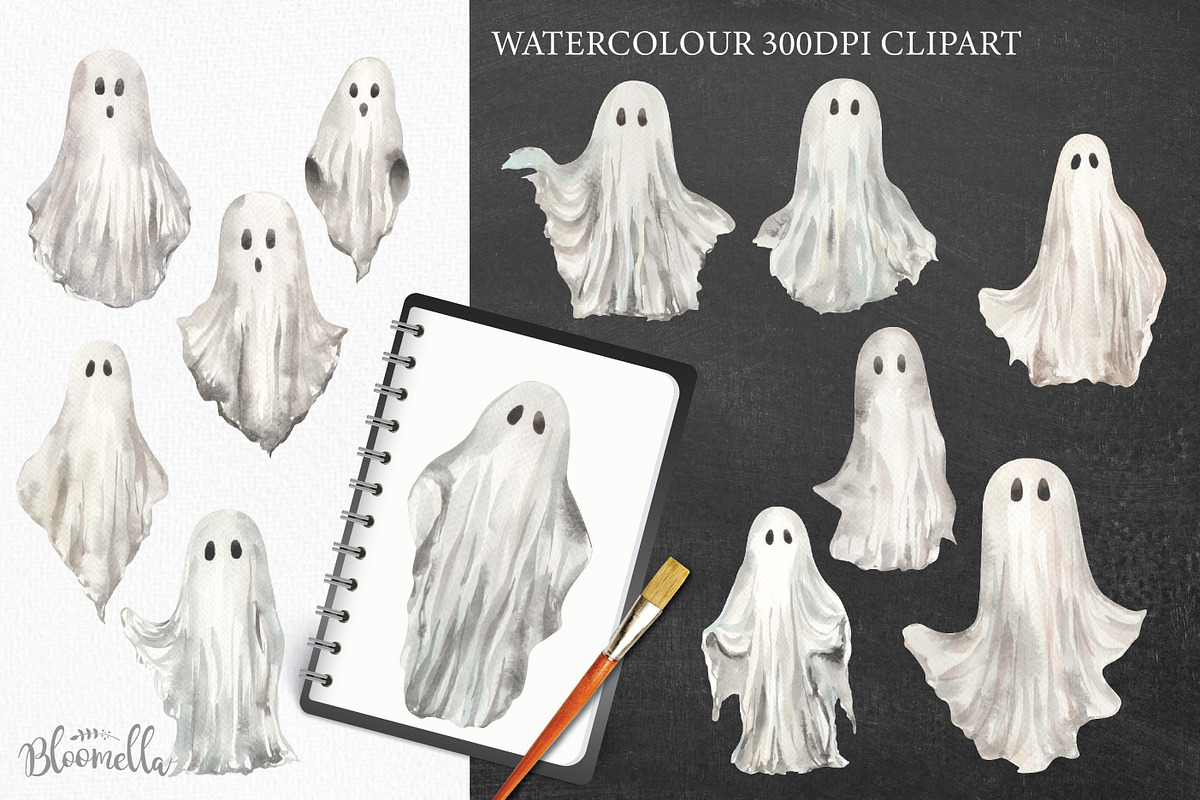 Watercolor Halloween Ghosts Clipart, an Object Graphic by Bloomella (Photo 3 of 3)