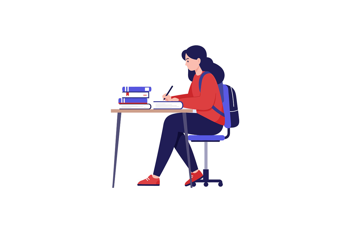 Female student writing notes at a de, an Illustration by designvectx